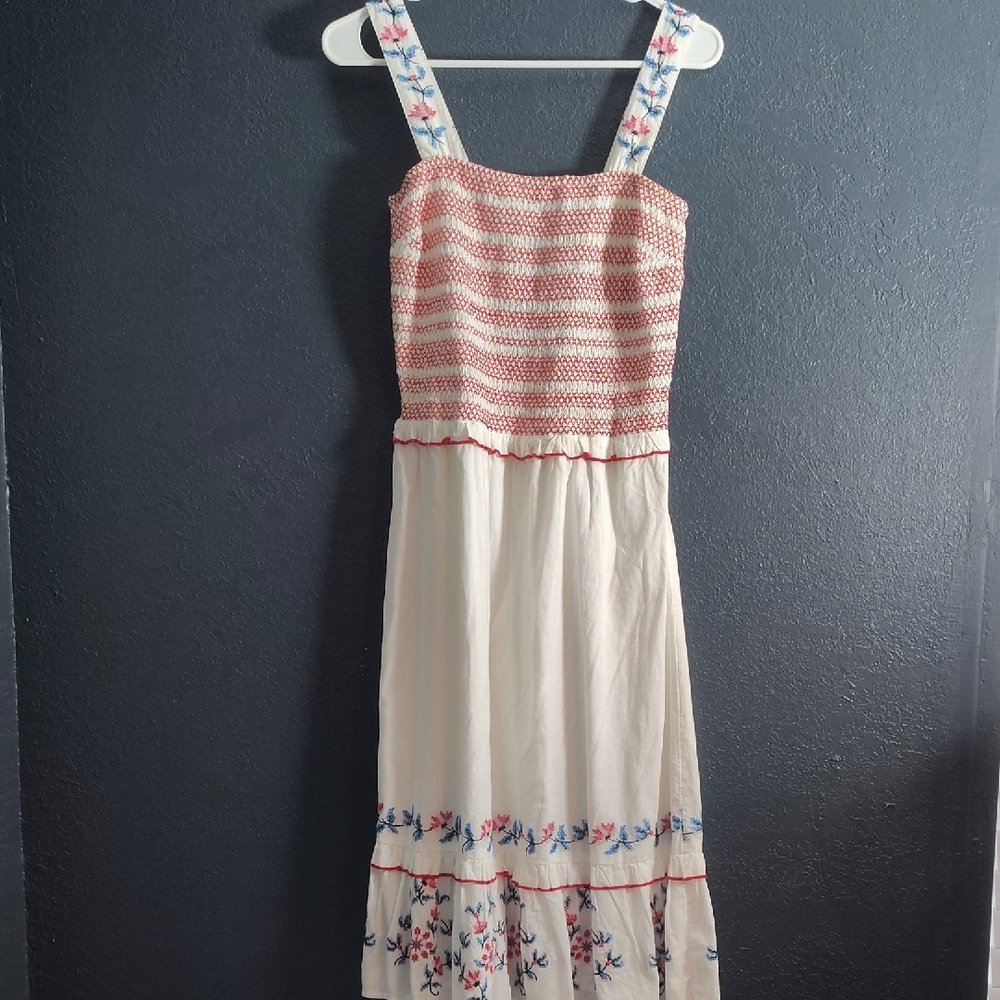 Draper James Cream Midi Cotton Red Smocked Bodice and Blue Floral